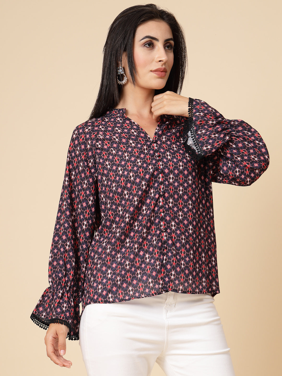Gipsy Women Navy Printed Georgette Frill Full Sleeve Chinese collar Tunic