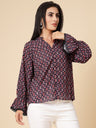 Gipsy Women Navy Printed Georgette Frill Full Sleeve Chinese collar Tunic