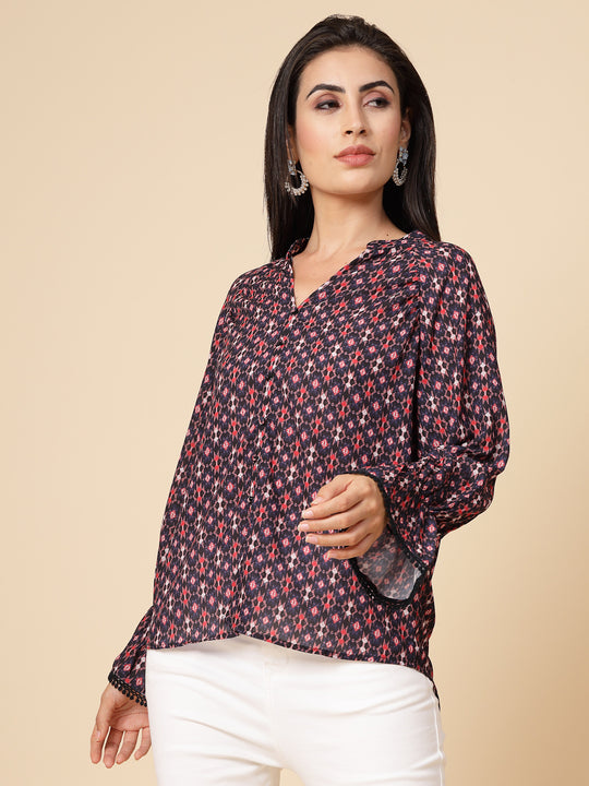 Gipsy Women Navy Printed Georgette Frill Full Sleeve Chinese collar Tunic