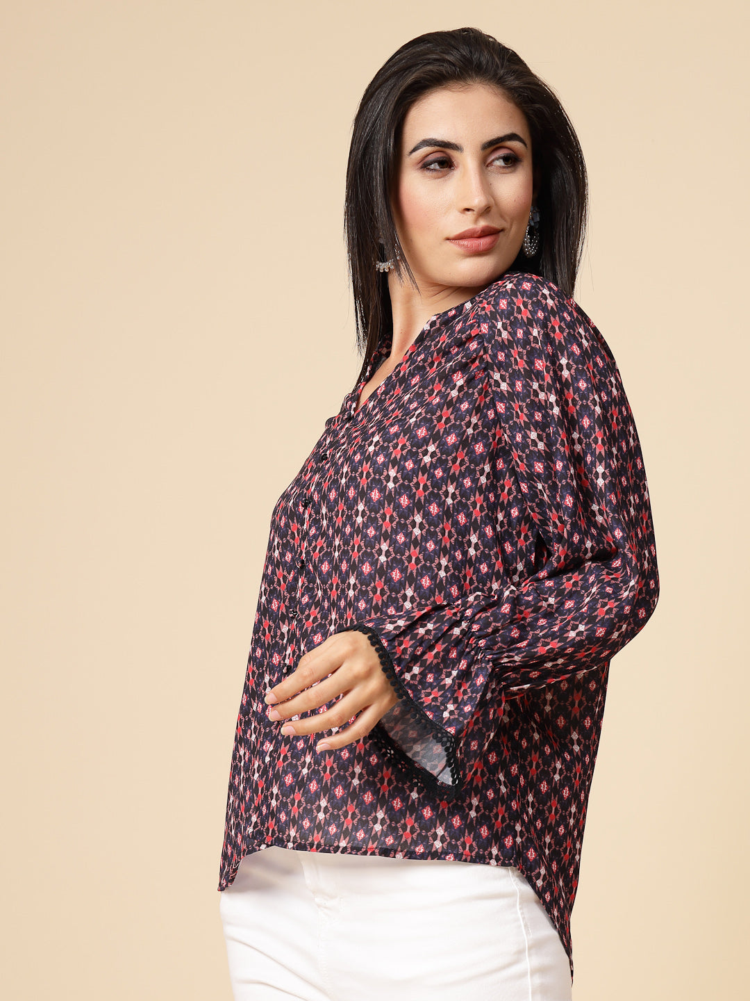 Gipsy Women Navy Printed Georgette Frill Full Sleeve Chinese collar Tunic