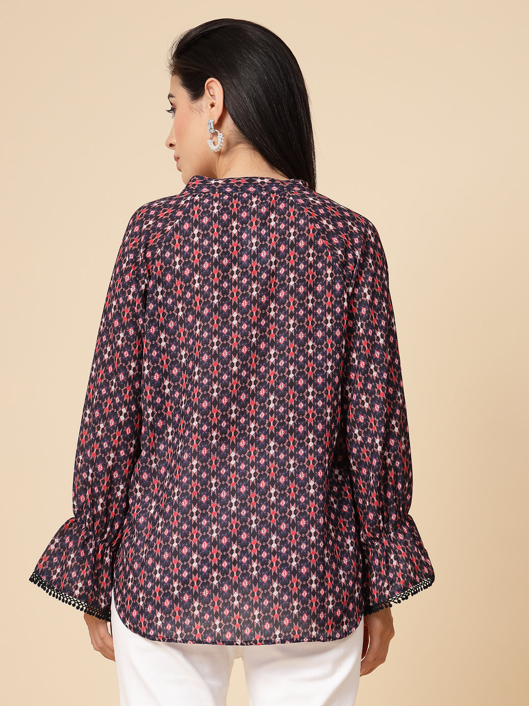 Gipsy Women Navy Printed Georgette Frill Full Sleeve Chinese collar Tunic