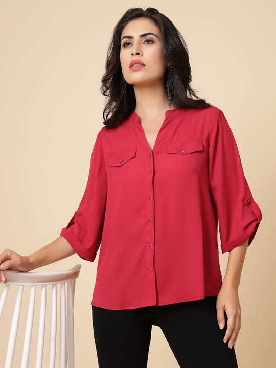 Gipsy Women Rasberry Solid Georgette 3/4 Sleeve Chinese collar Tunic