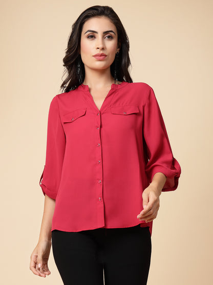 Gipsy Women Rasberry Solid Georgette 3/4 Sleeve Chinese collar Tunic