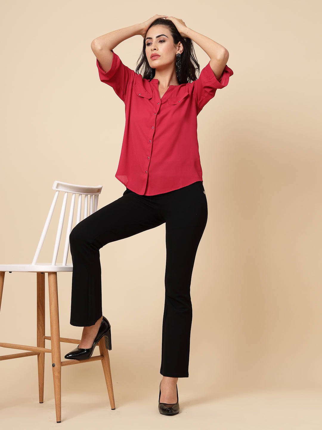 Gipsy Women Rasberry Solid Georgette 3/4 Sleeve Chinese collar Tunic