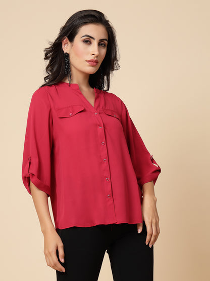 Gipsy Women Rasberry Solid Georgette 3/4 Sleeve Chinese collar Tunic