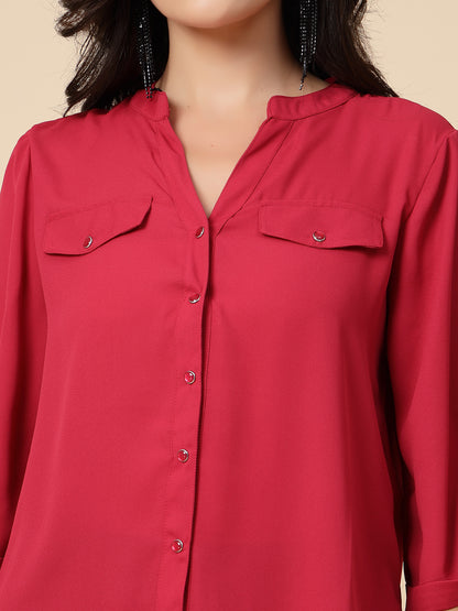 Gipsy Women Rasberry Solid Georgette 3/4 Sleeve Chinese collar Tunic