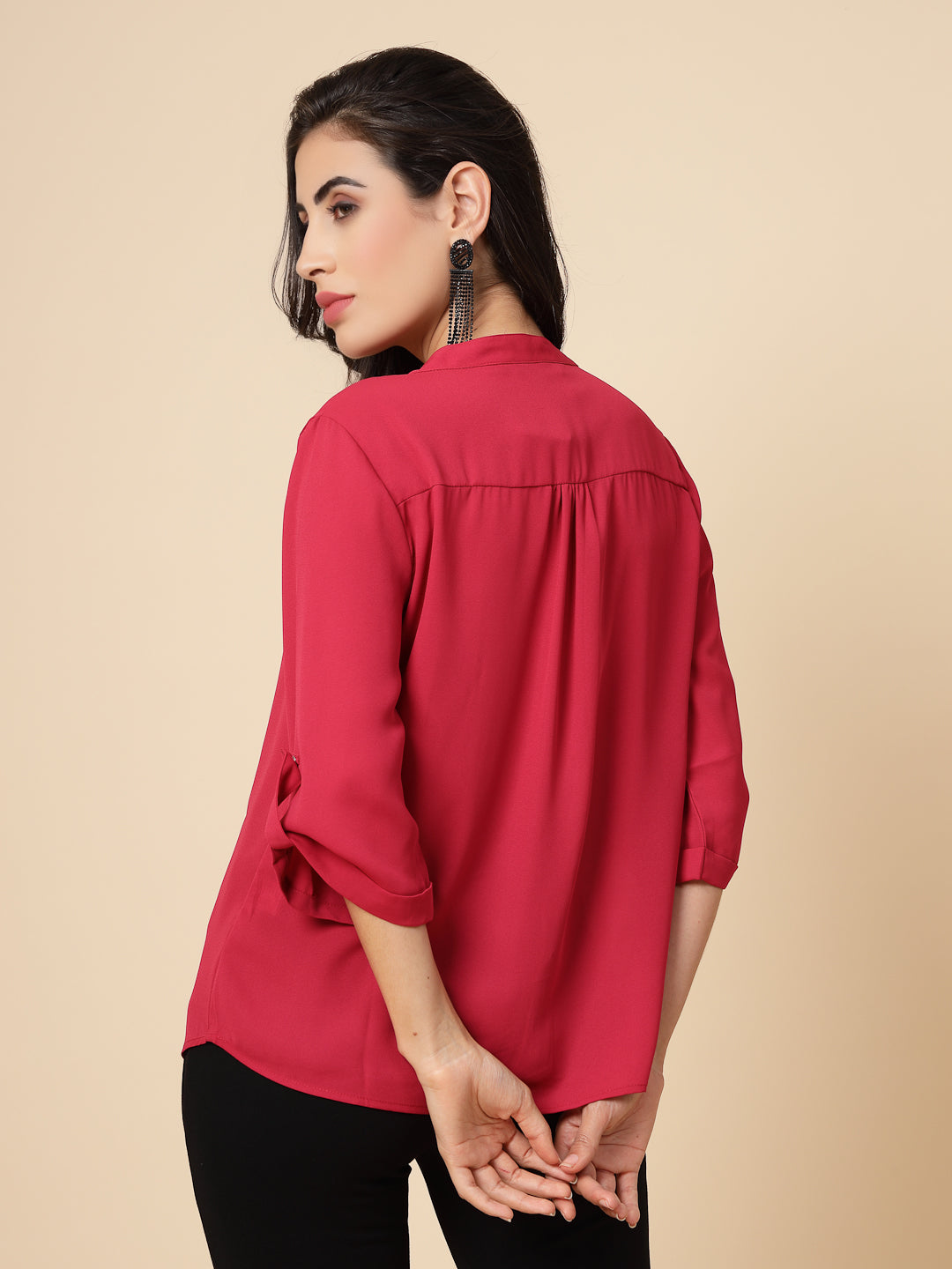 Gipsy Women Rasberry Solid Georgette 3/4 Sleeve Chinese collar Tunic