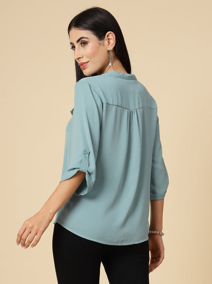 Gipsy Women Sage Solid Georgette 3/4 Sleeve Chinese collar Tunic