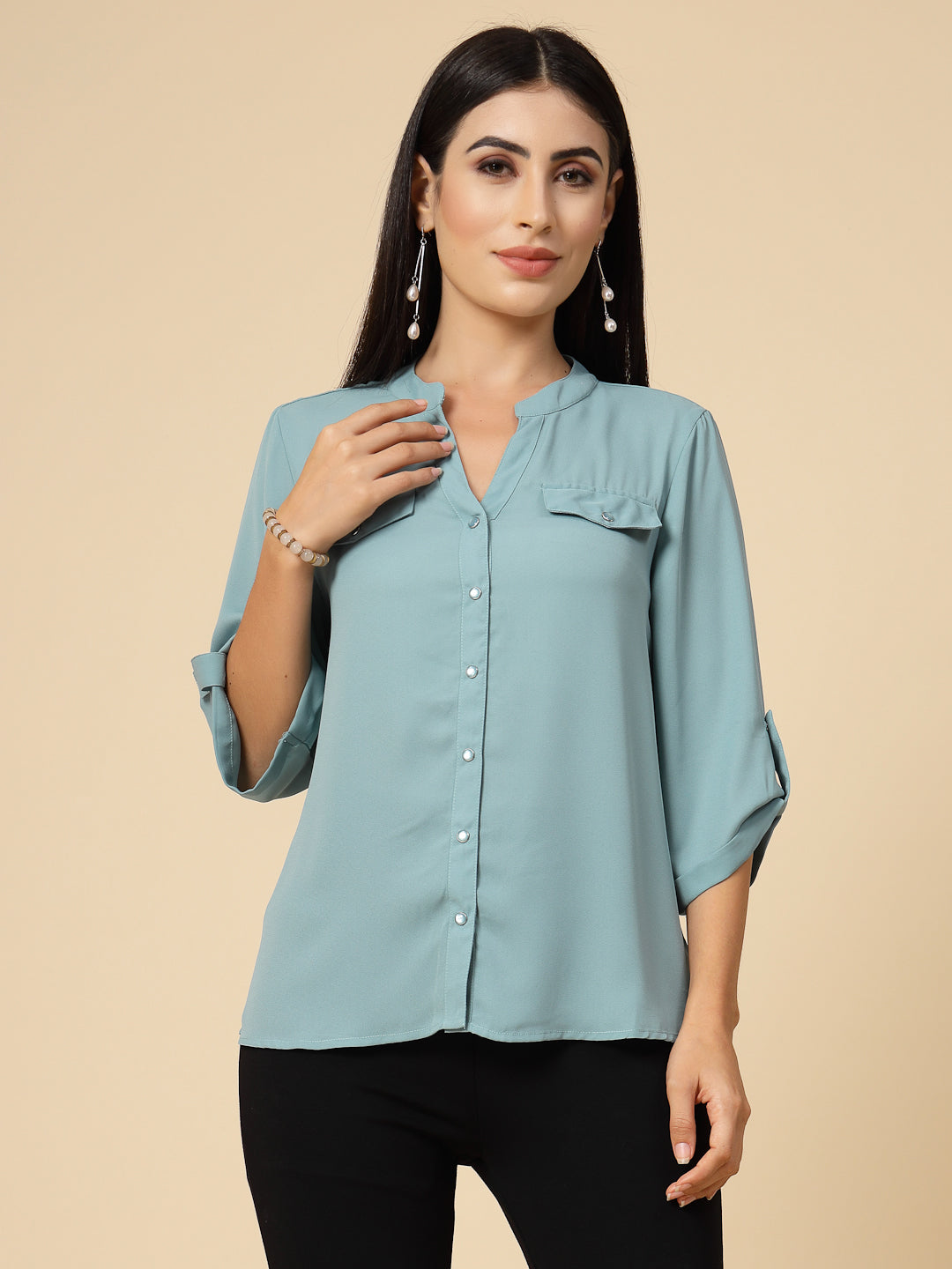 Gipsy Women Sage Solid Georgette 3/4 Sleeve Chinese collar Tunic