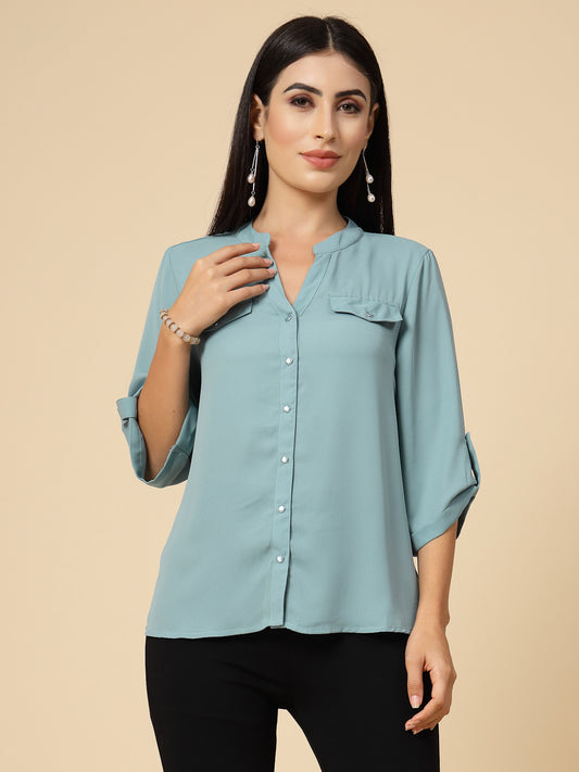 Gipsy Women Sage Solid Georgette 3/4 Sleeve Chinese collar Tunic