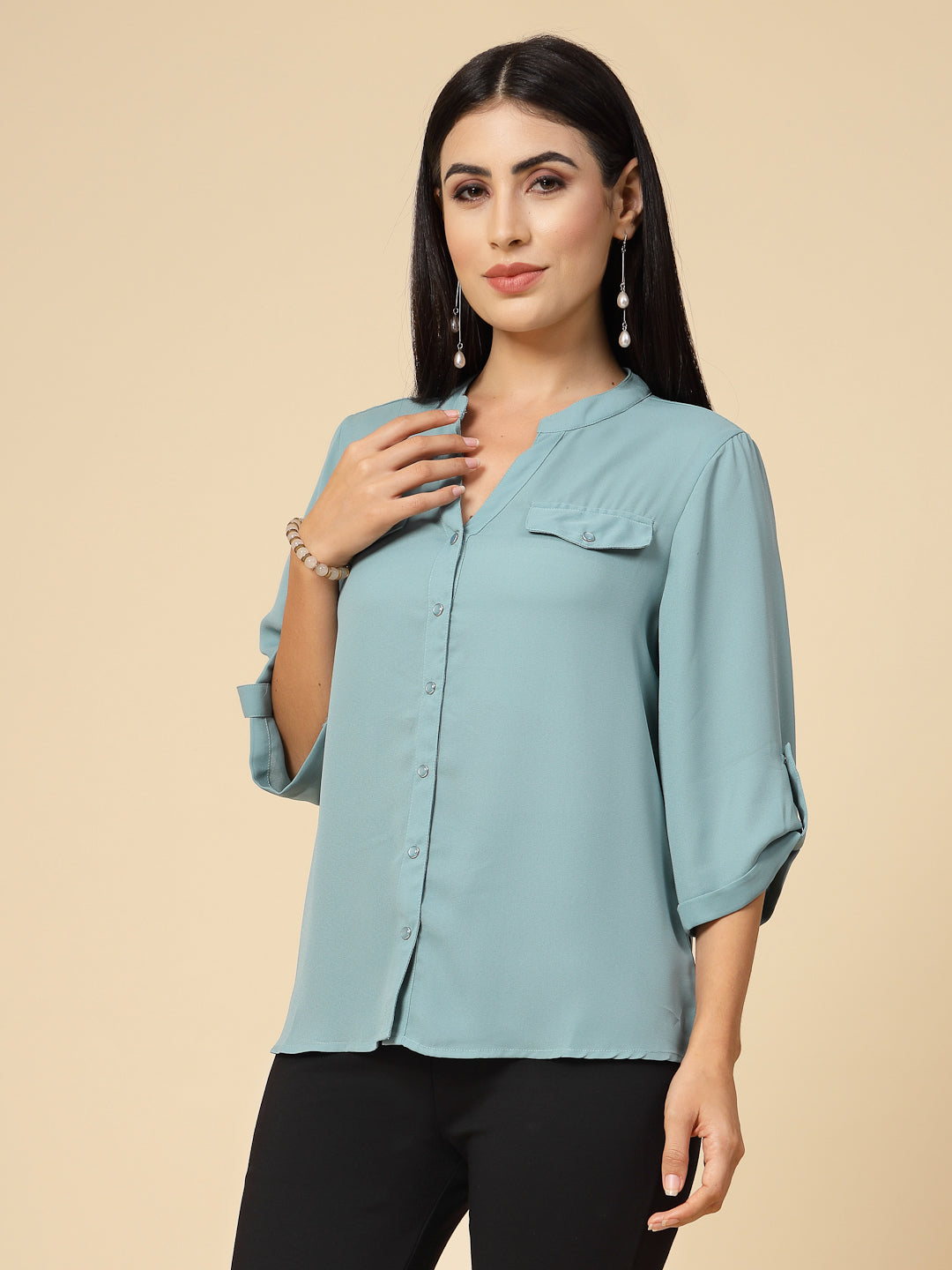 Gipsy Women Sage Solid Georgette 3/4 Sleeve Chinese collar Tunic