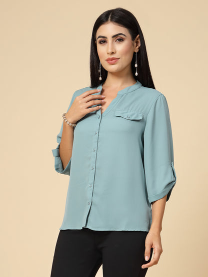 Gipsy Women Sage Solid Georgette 3/4 Sleeve Chinese collar Tunic
