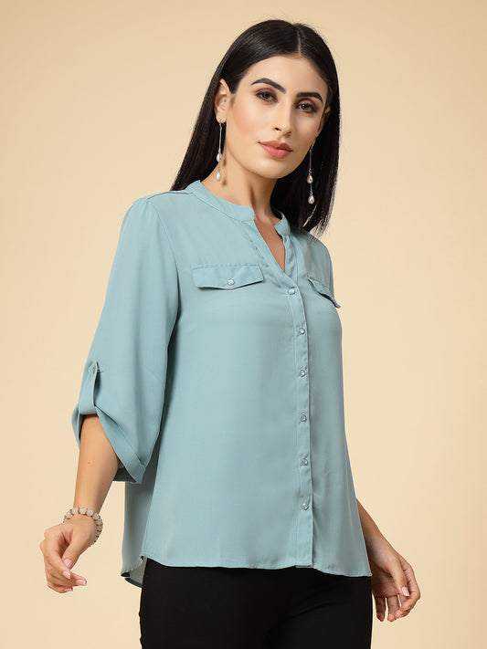 Gipsy Women Sage Solid Georgette 3/4 Sleeve Chinese collar Tunic