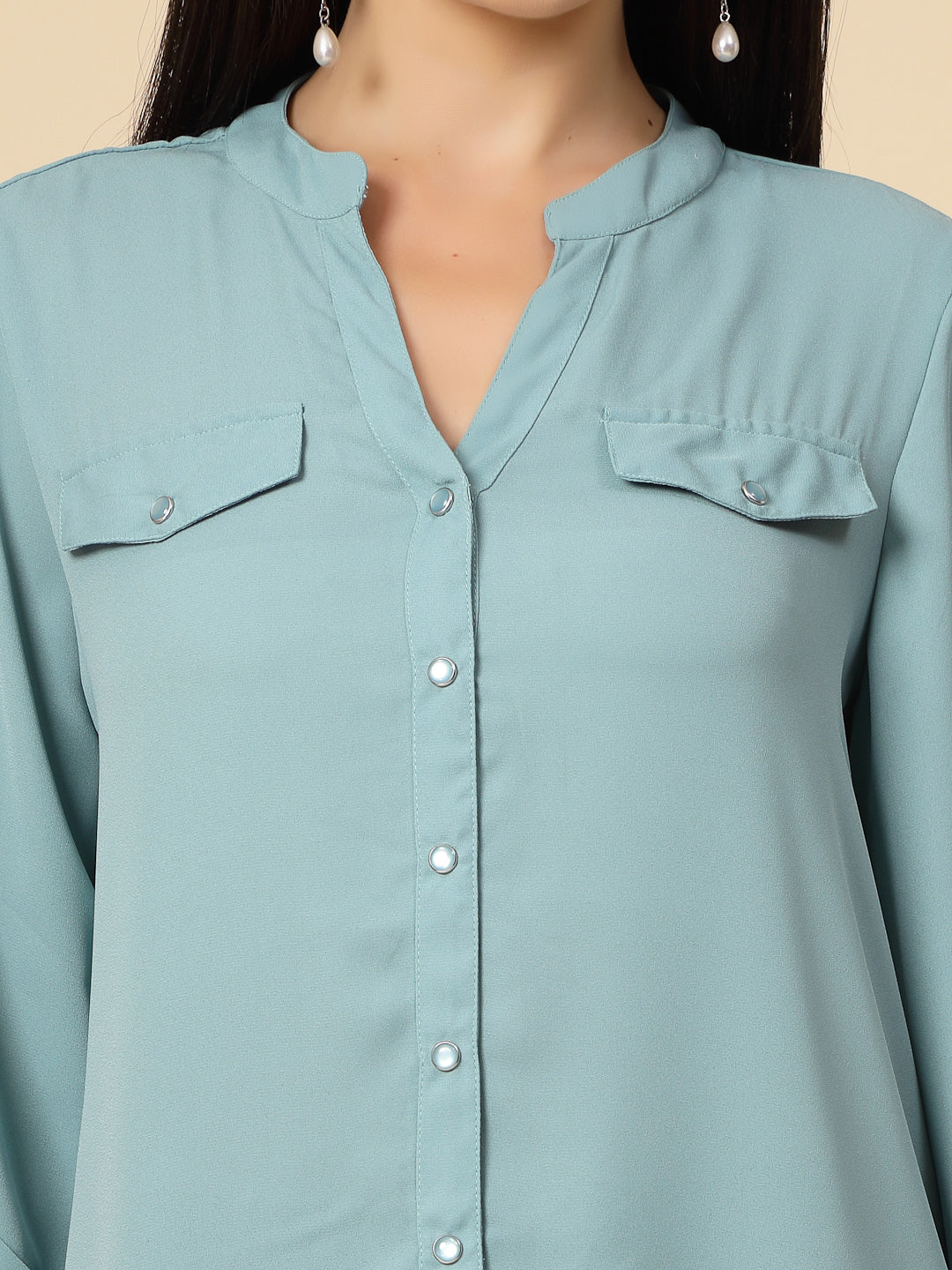 Gipsy Women Sage Solid Georgette 3/4 Sleeve Chinese collar Tunic
