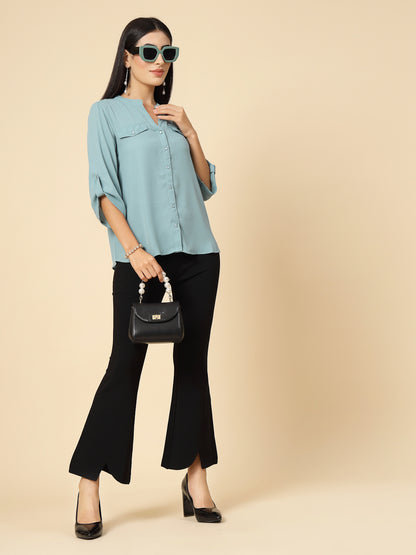 Gipsy Women Sage Solid Georgette 3/4 Sleeve Chinese collar Tunic