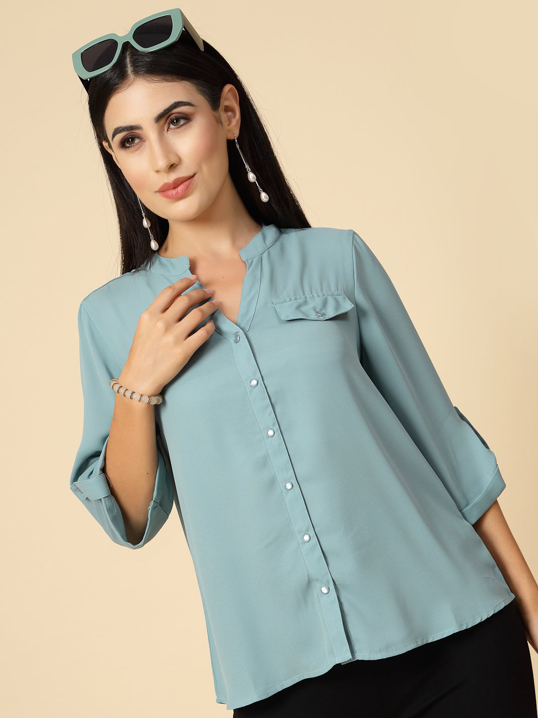 Gipsy Women Sage Solid Georgette 3/4 Sleeve Chinese collar Tunic