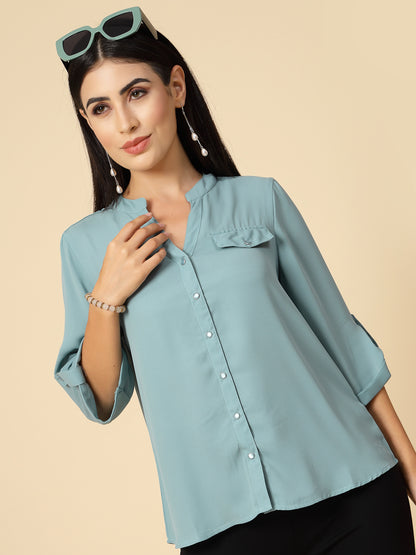 Gipsy Women Sage Solid Georgette 3/4 Sleeve Chinese collar Tunic