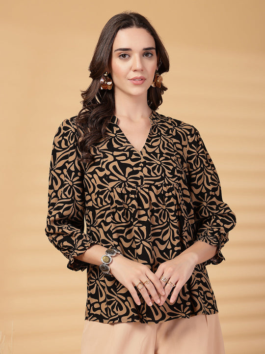 Gipsy Black & Beige Printed Rayon Tunic