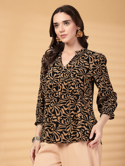 Gipsy Black & Beige Printed Rayon Tunic
