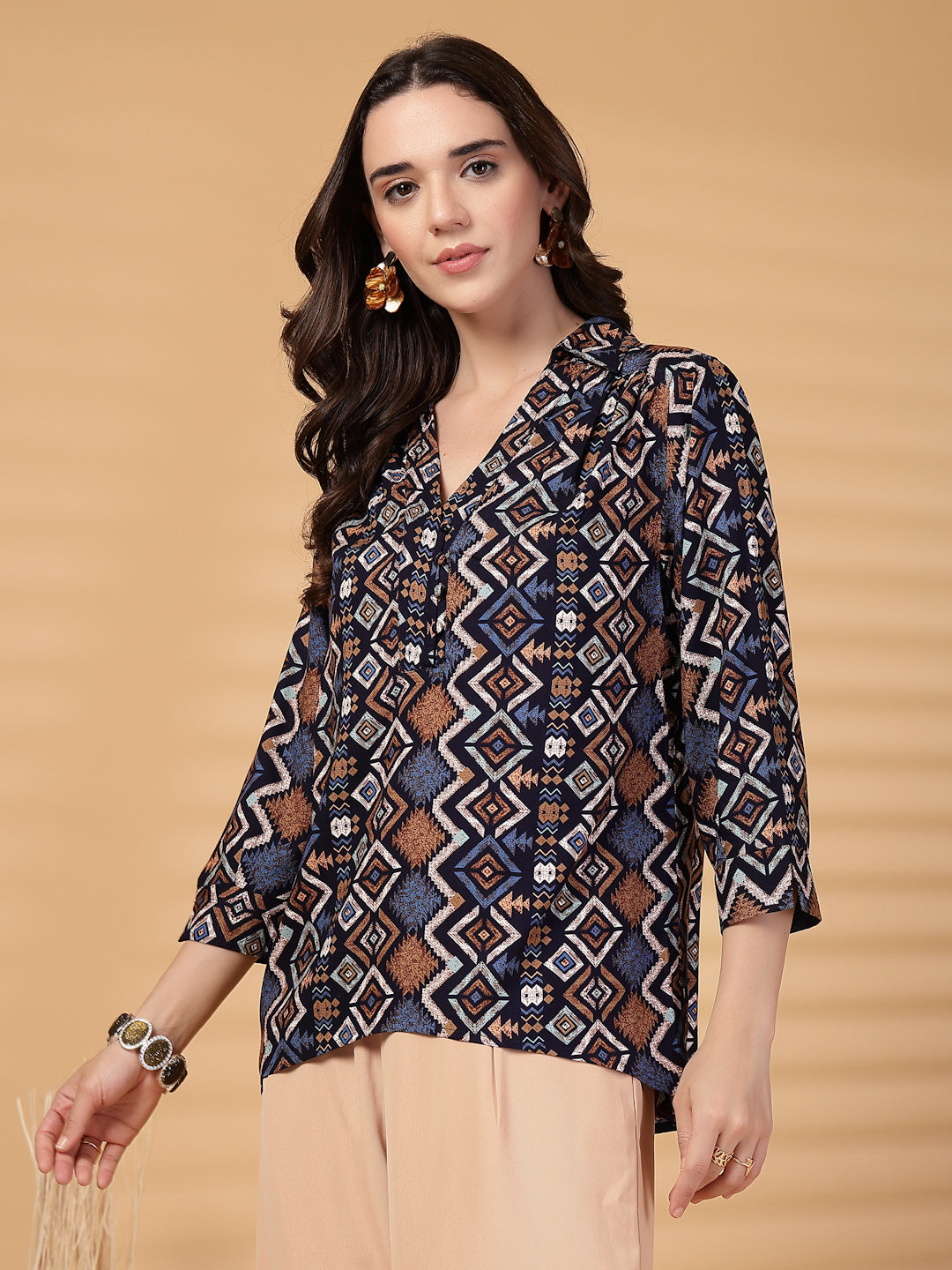 Gipsy Navy Geometric Printed Rayon Tunic