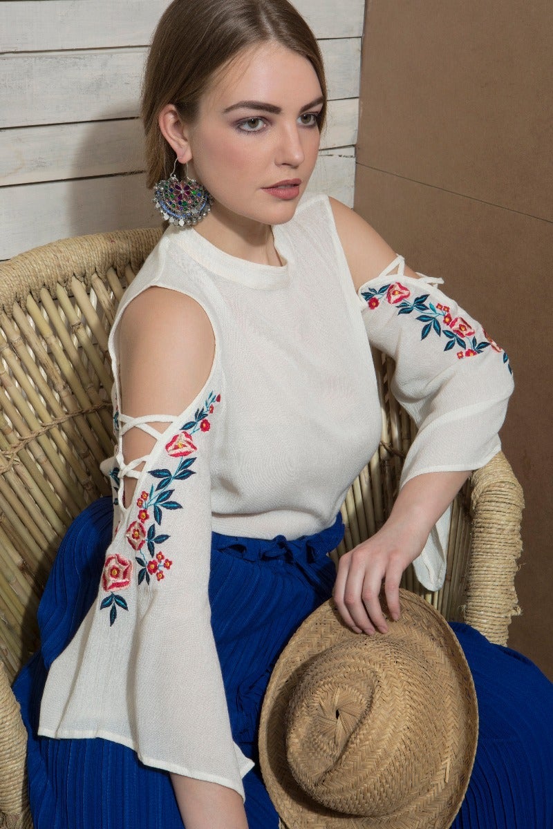 Cold Shoulder Lace-Up Embroidery Sleeve Top