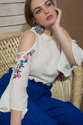 Cold Shoulder Lace-Up Embroidery Sleeve Top