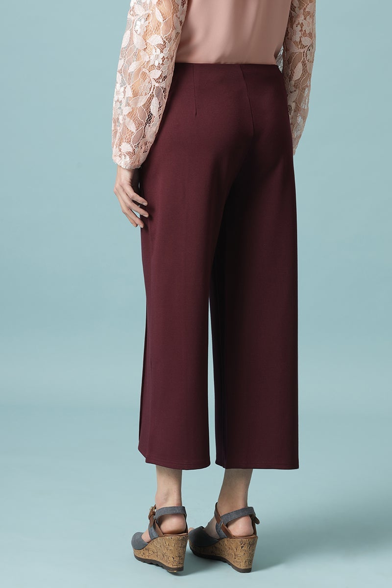 Wine Ankle Length Solid Rayon Culottes
