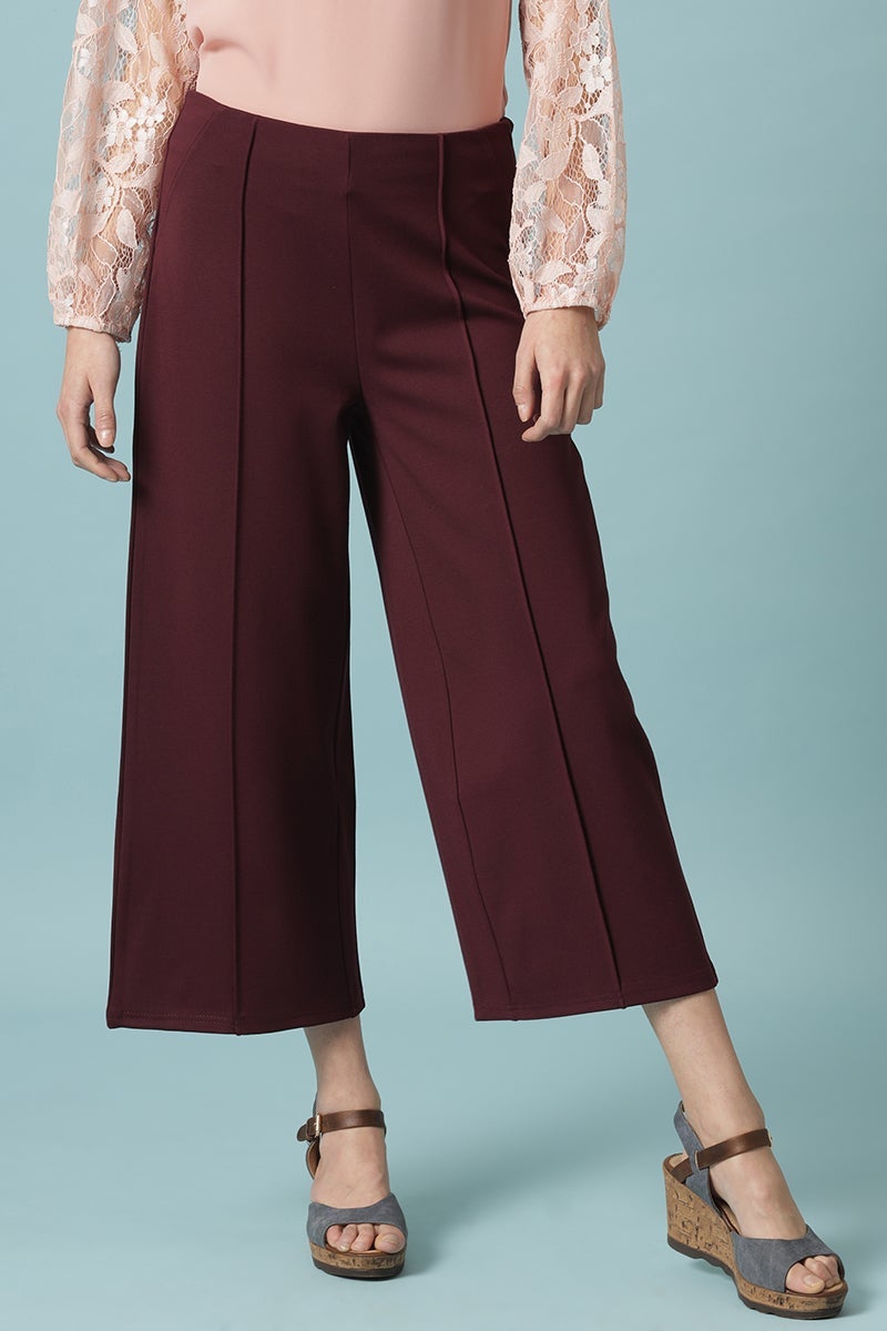 Wine Ankle Length Solid Rayon Culottes