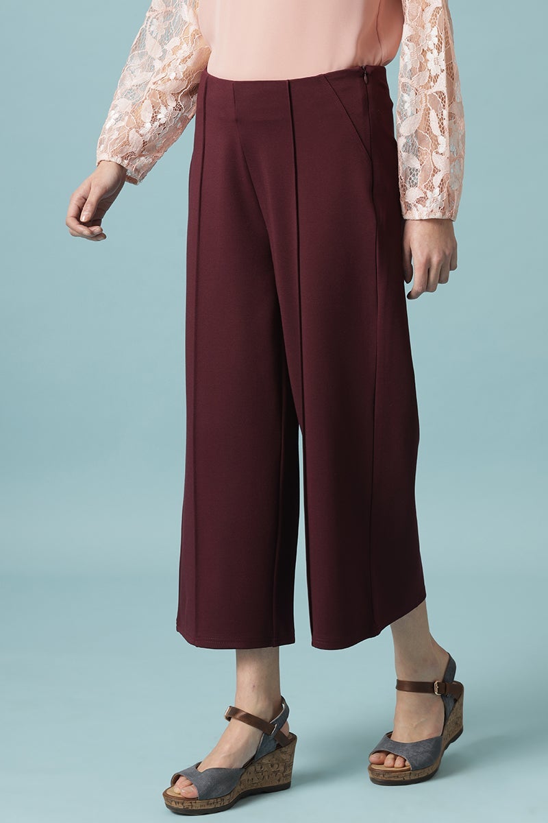 Wine Ankle Length Solid Rayon Culottes