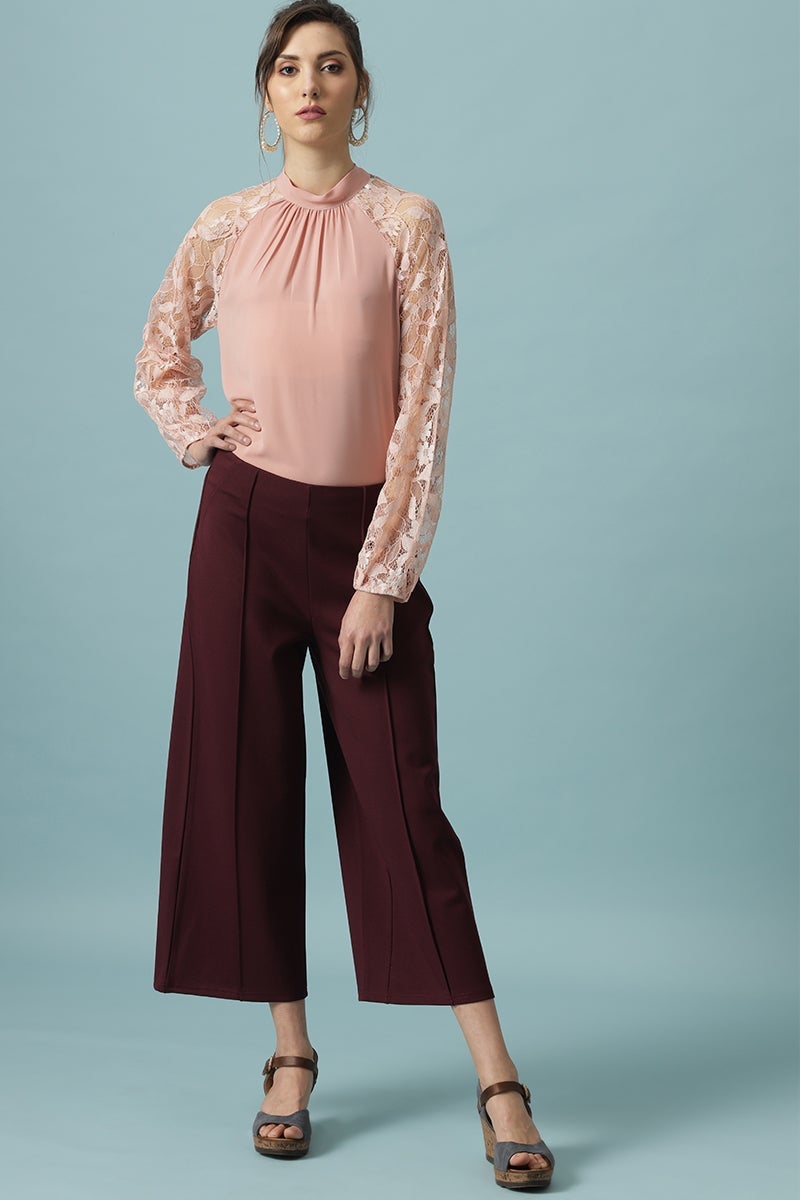 Wine Ankle Length Solid Rayon Culottes
