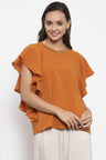Gipsy Women Orange Round Neck Ruffle Sleeves Top