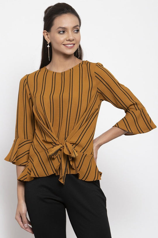 Gipsy Women Mustard Round Neck 3/4 Quarter Ruffle Sleeves Top