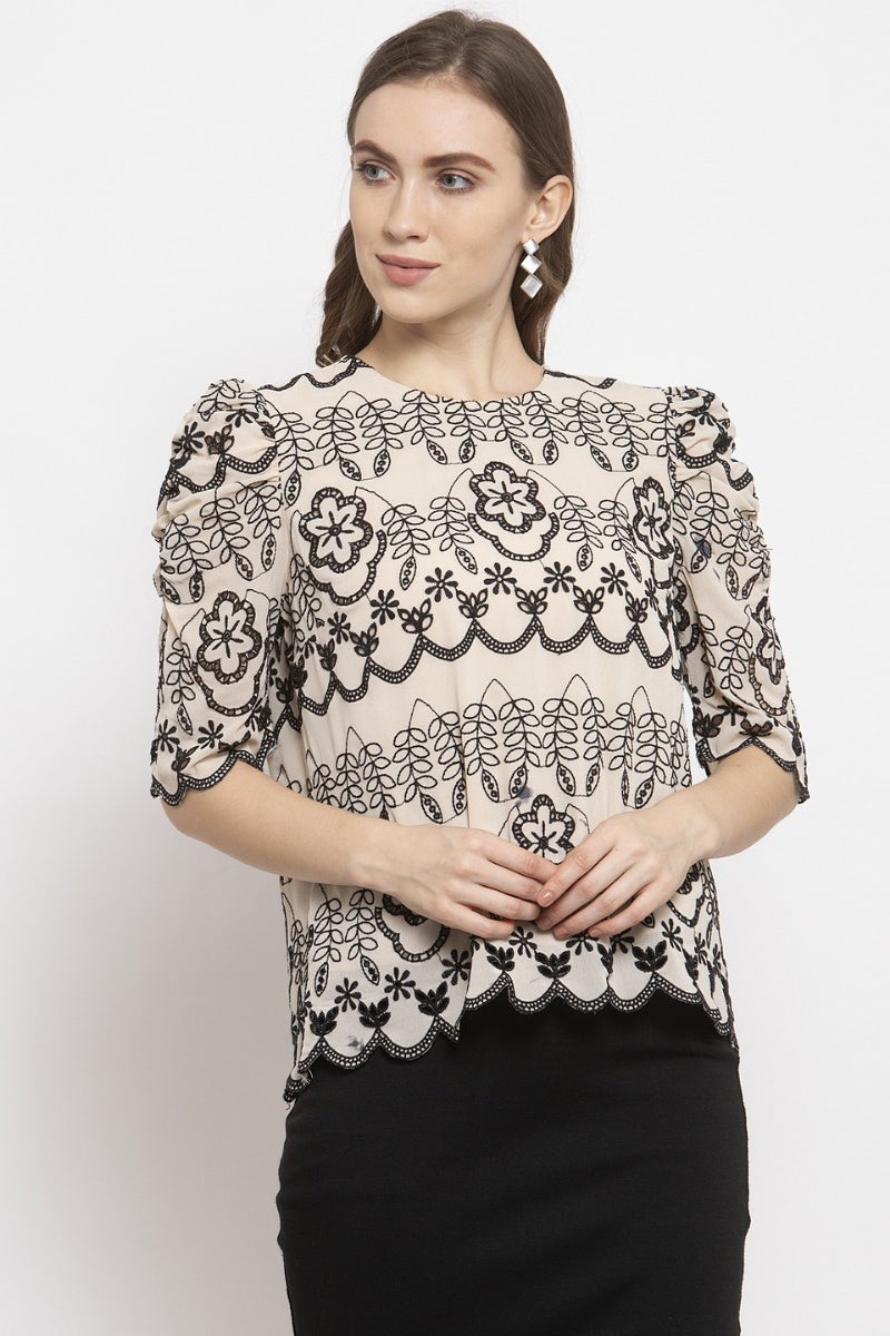 Gipsy Beige Floral Embroidered Crepe Top