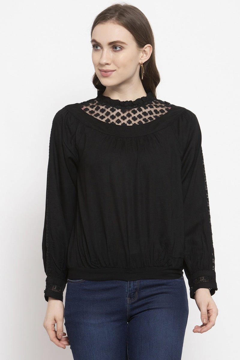 Gipsy Black Solid Rayon Net Top