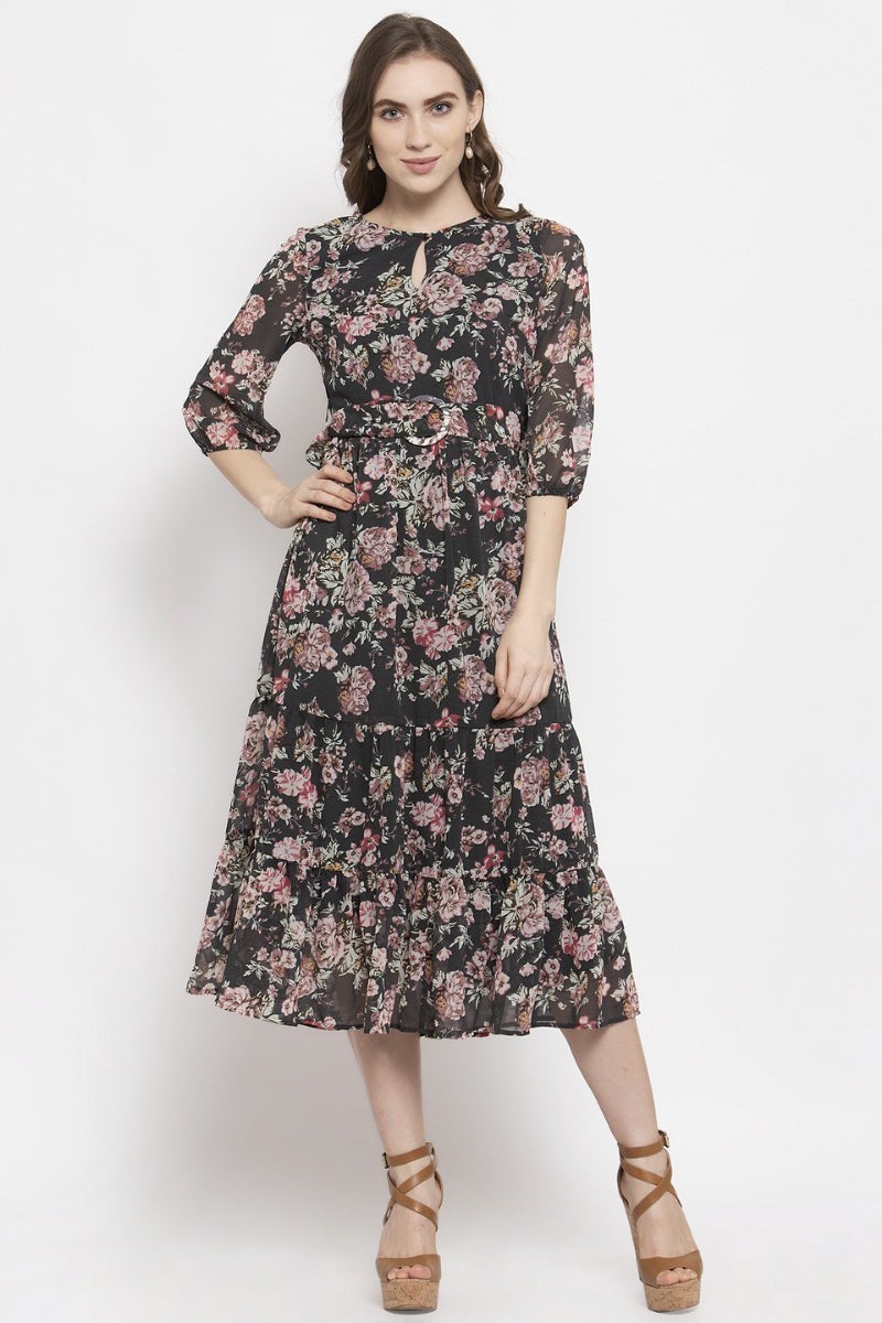 Gipsy Dark Grey Floral Georgette Dress