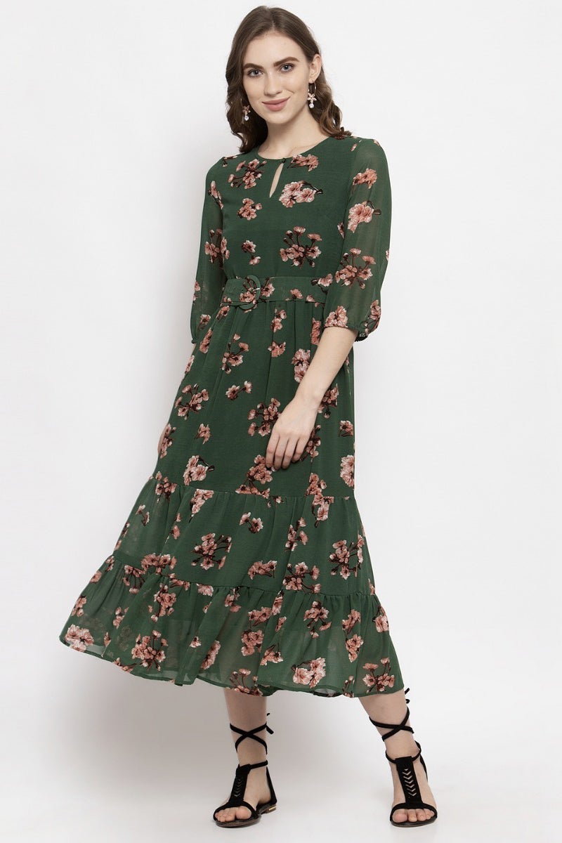 Gipsy Dark Green Floral Georgette Dress