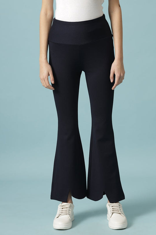 Navy Blue Solid Synthatic Bootcut Jegging