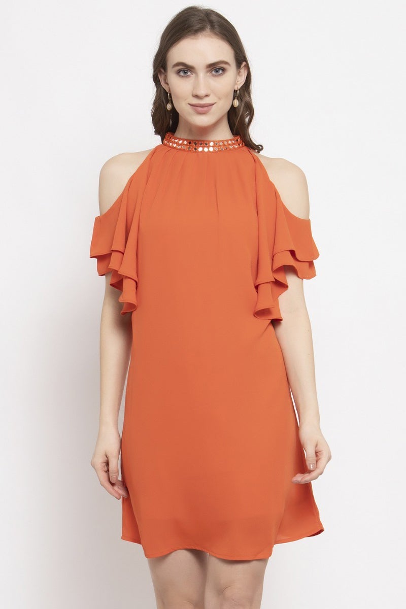 Gipsy Orange Embellished Solid Georgette Dress