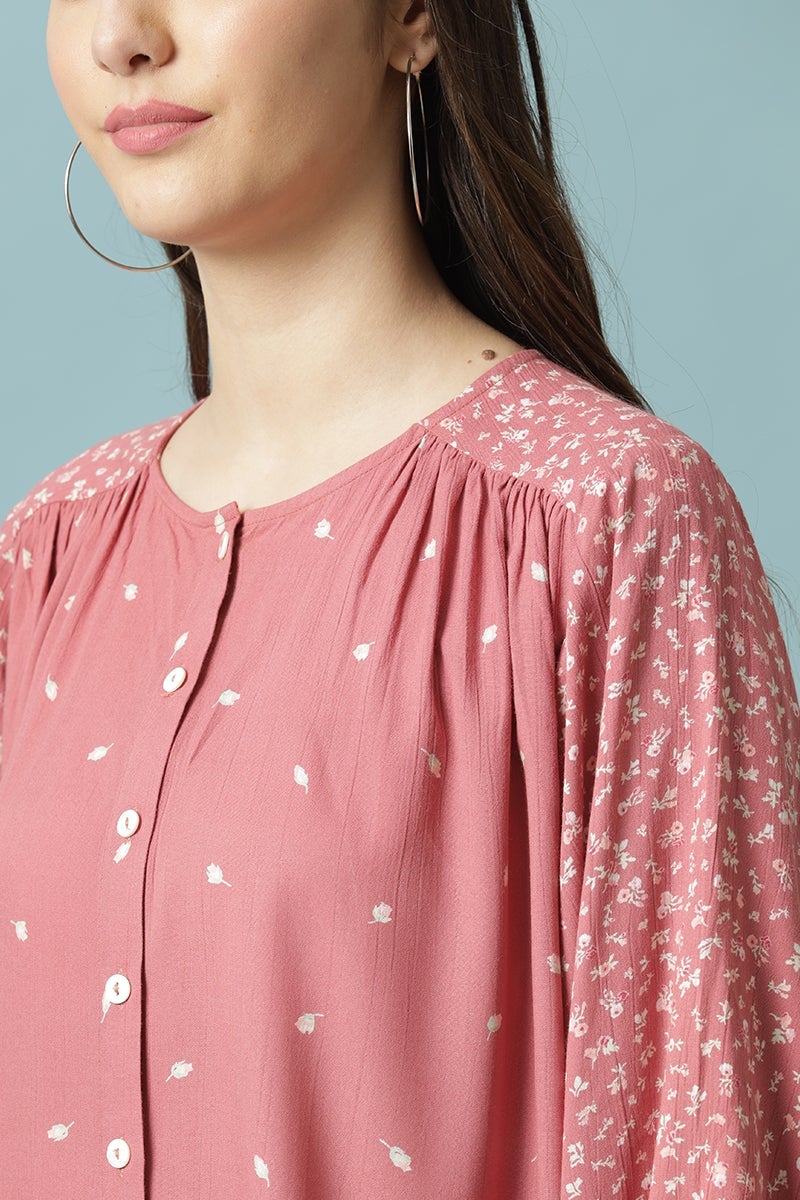 Peach Medium Length Round Neck Cotton Tunic