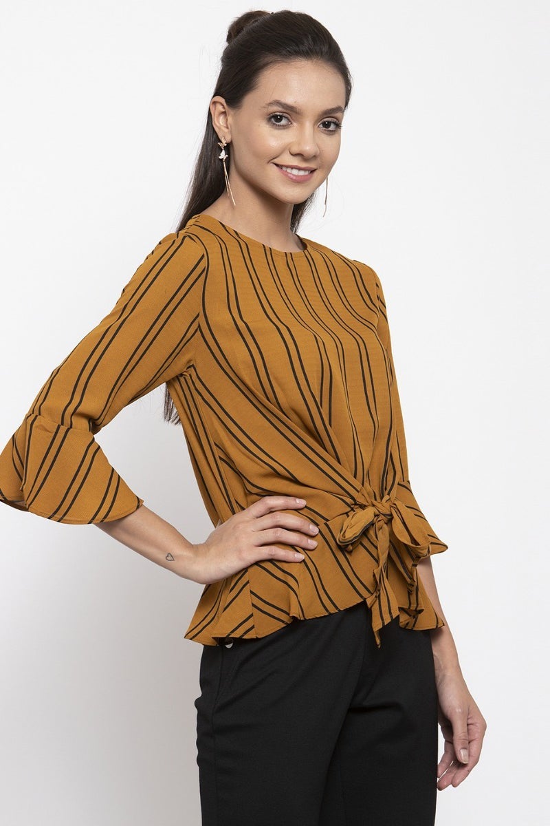 Gipsy Women Mustard Round Neck 3/4 Quarter Ruffle Sleeves Top