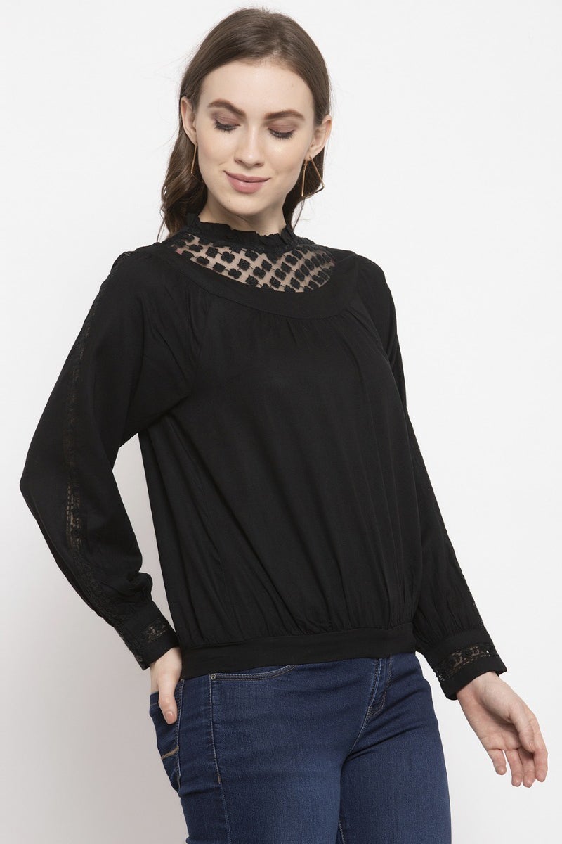 Gipsy Black Solid Rayon Net Top