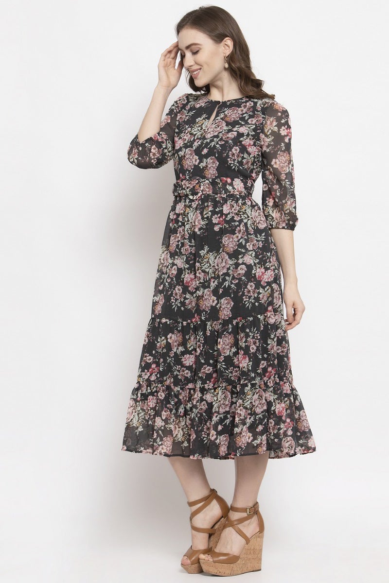 Gipsy Dark Grey Floral Georgette Dress