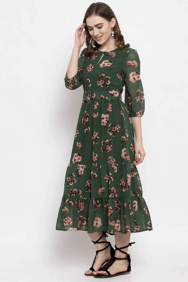 Gipsy Dark Green Floral Georgette Dress