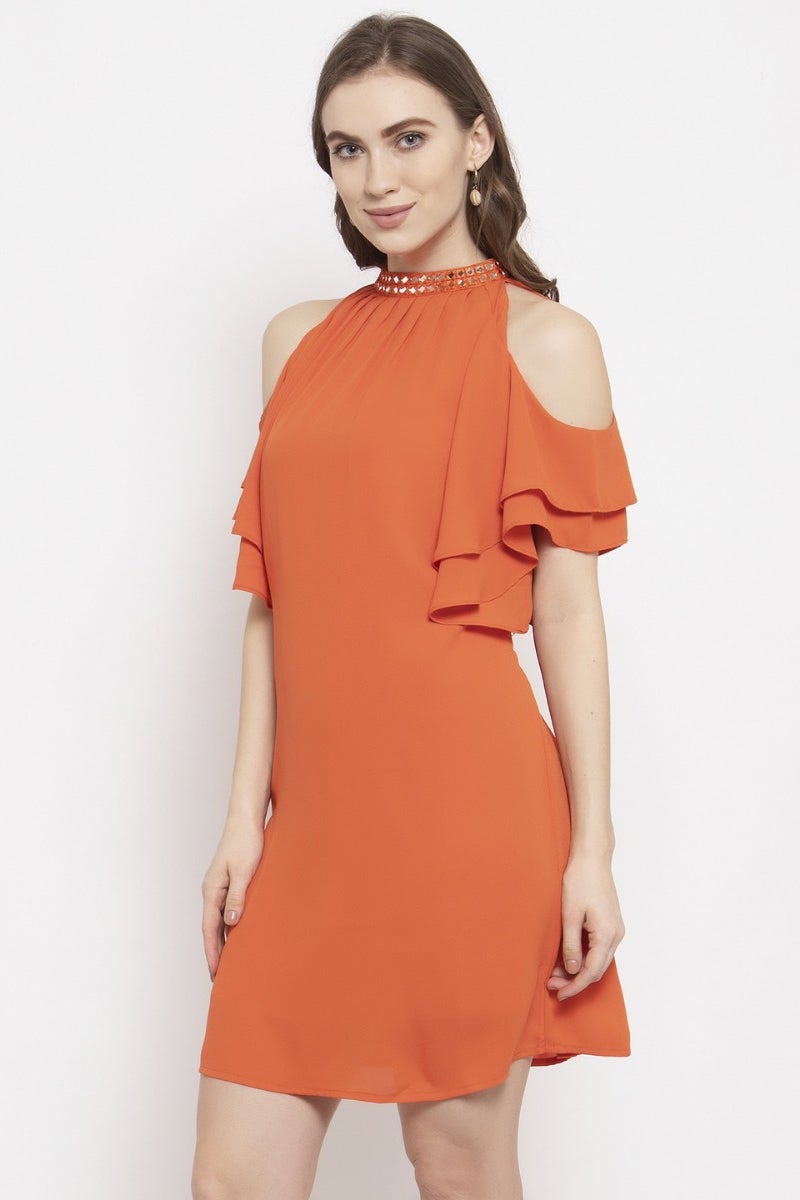 Gipsy Orange Embellished Solid Georgette Dress