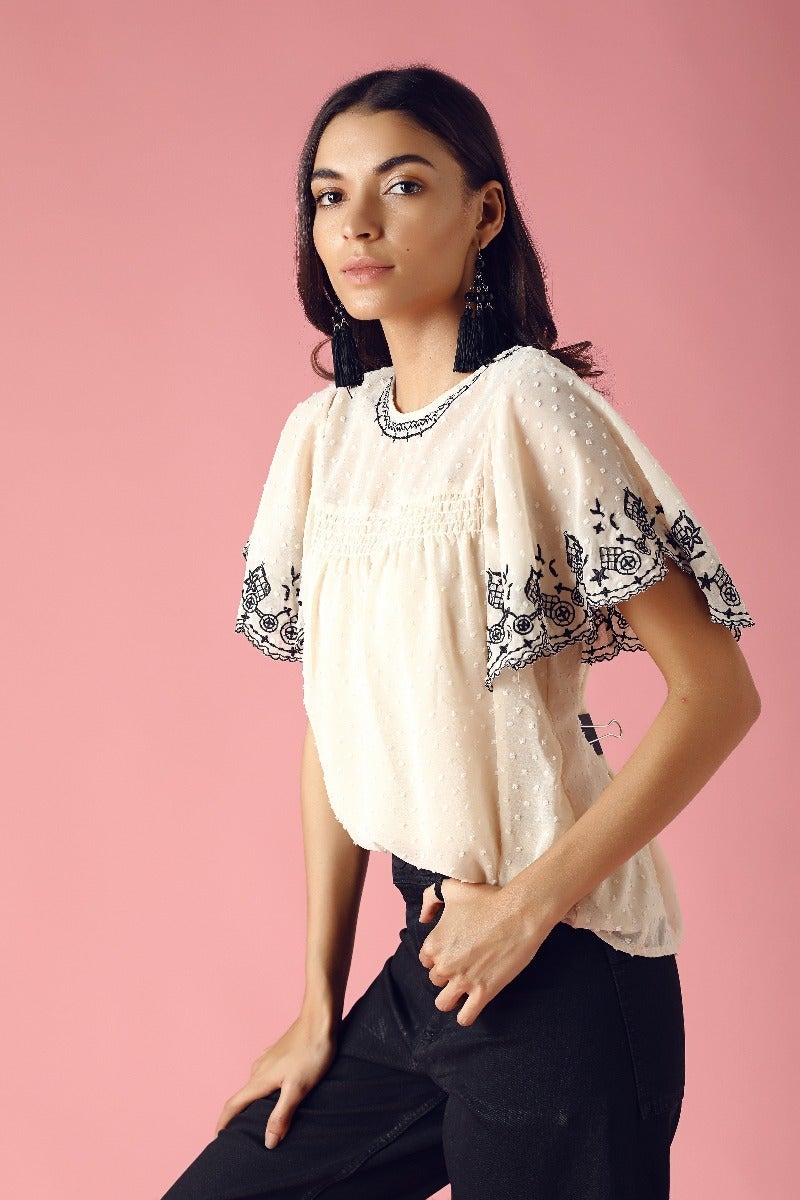 GIPSY Womens Round Neck Embroidered Top