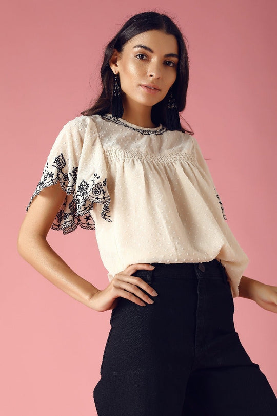 GIPSY Womens Round Neck Embroidered Top