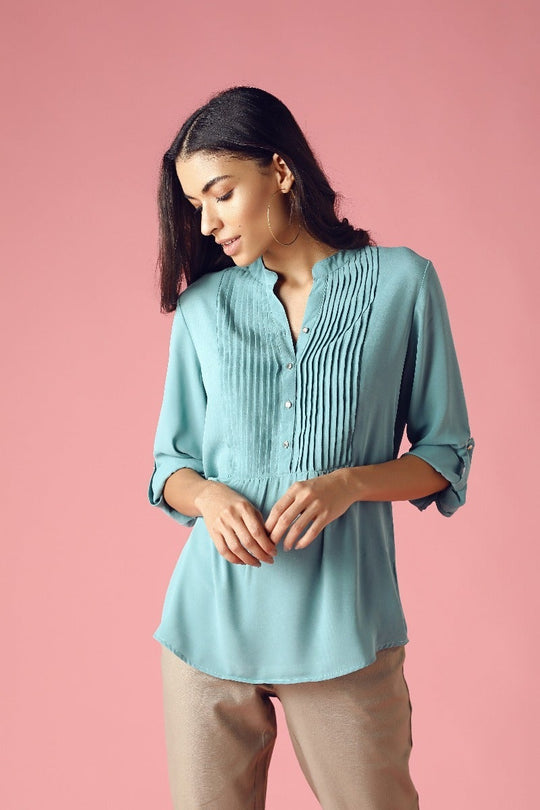 GIPSY Womens Mandarin Collar Solid Pintuck Tunic