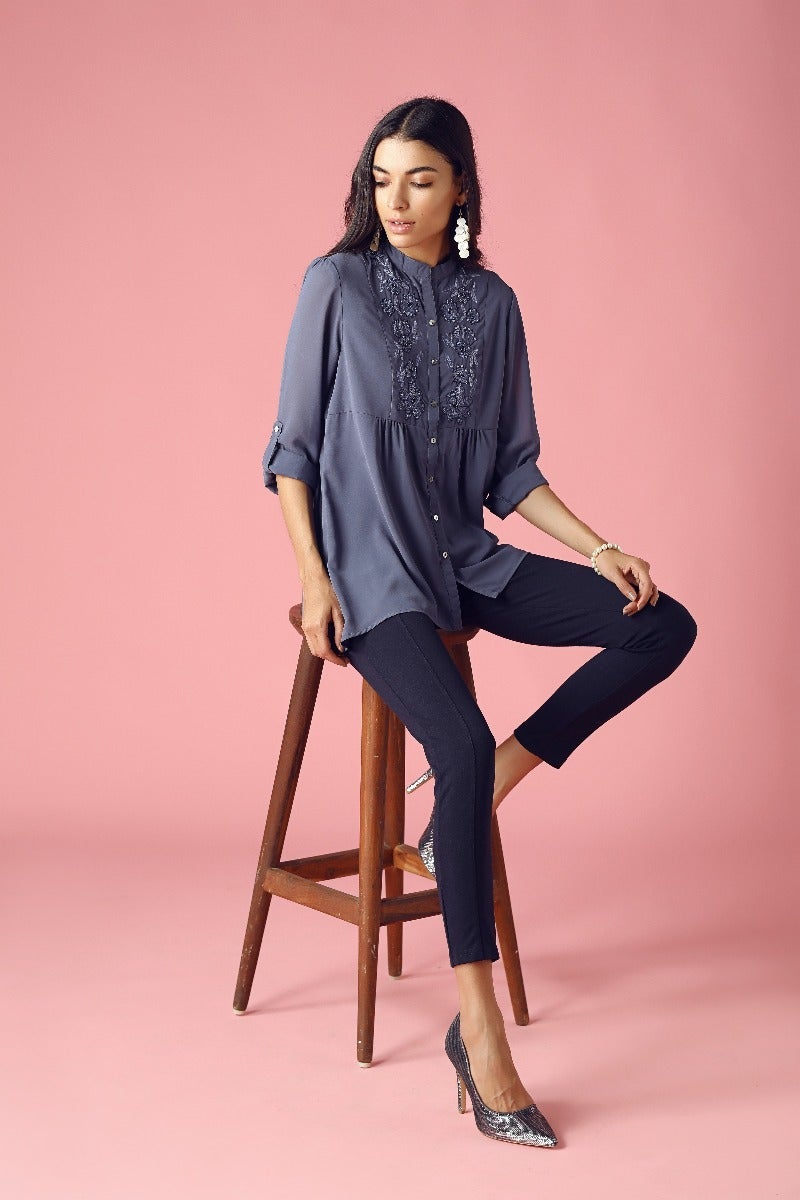 GIPSY Womens Mandarin Collar Embellished Tunic