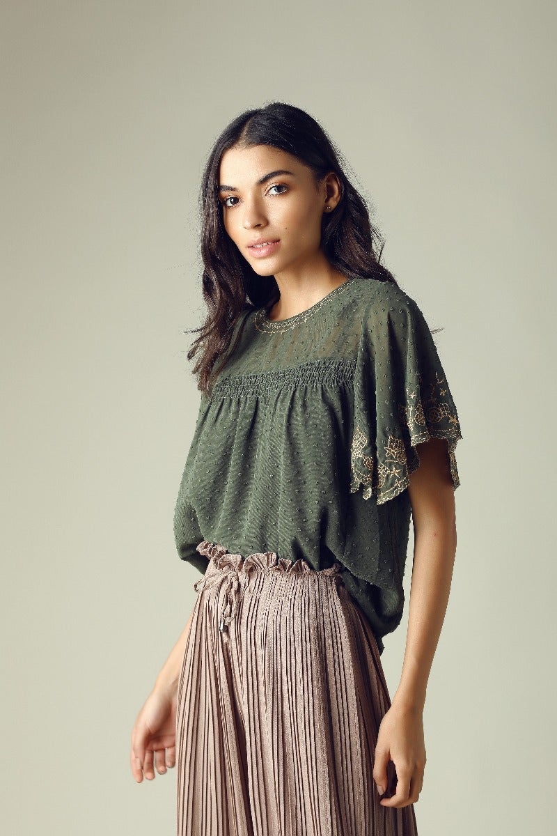 GIPSY Womens Round Neck Embroidery Top