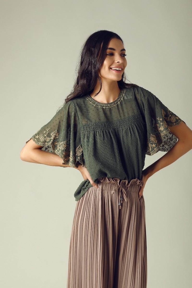 GIPSY Womens Round Neck Embroidery Top